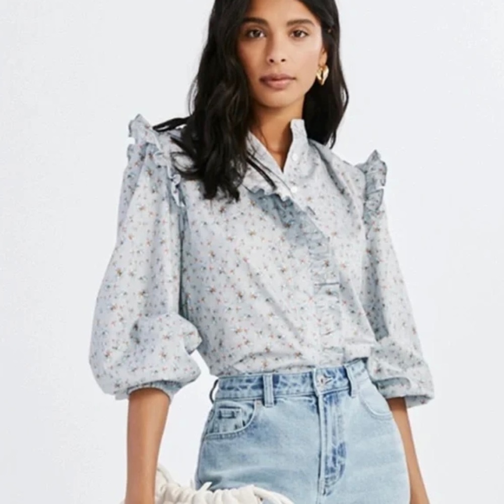Something Navy Floral Button Down Ruffle Top - image 1